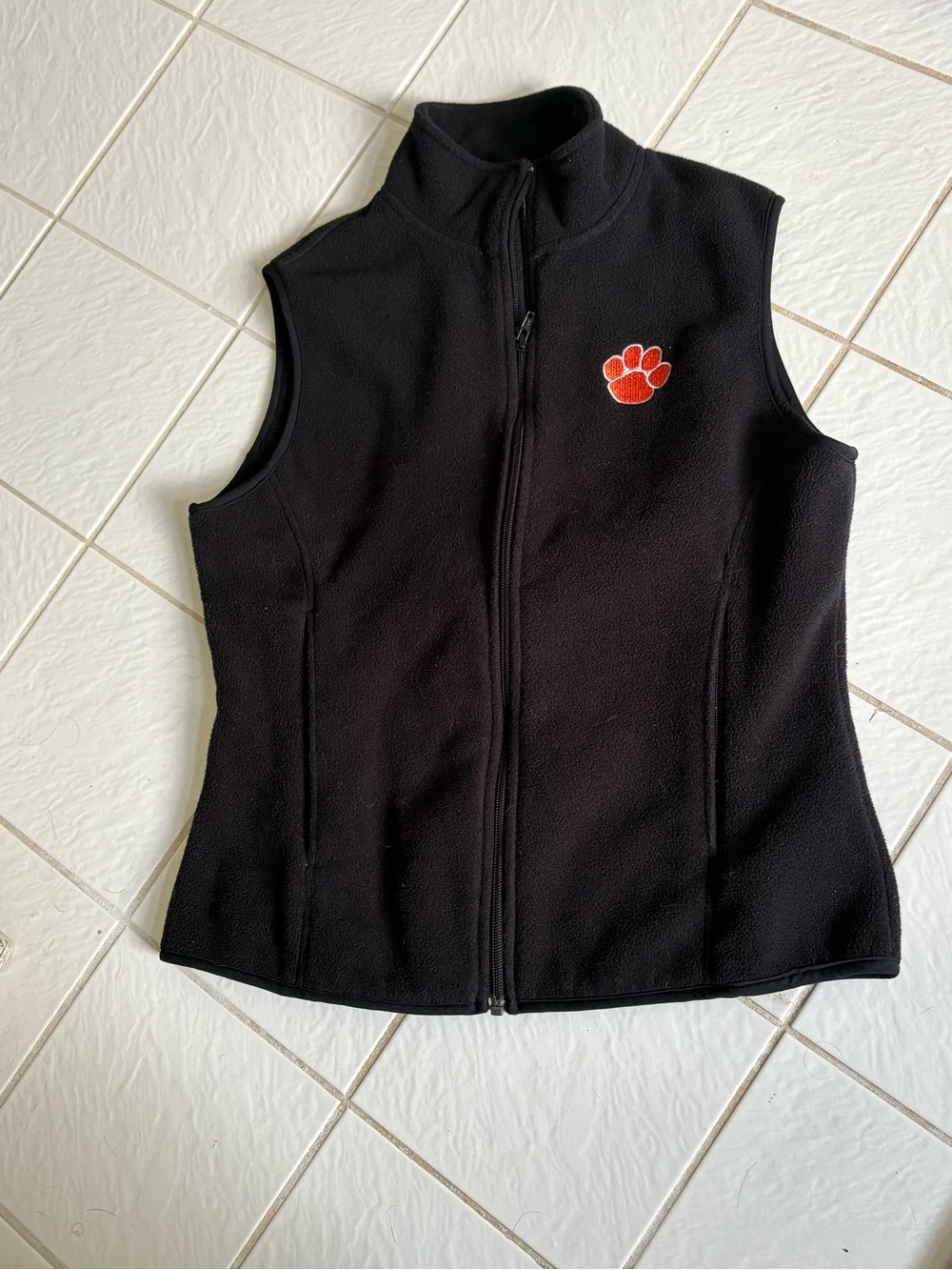 Port Authority Black Fleece Vest with Orange Tiger Paw Patch